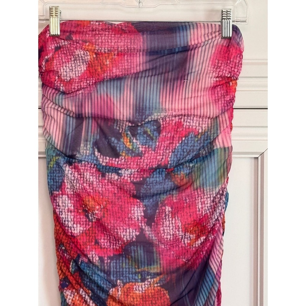 Anthropologie Pink Floral Ruched Mesh Strapless Midi Dress - Picture 3 of 7